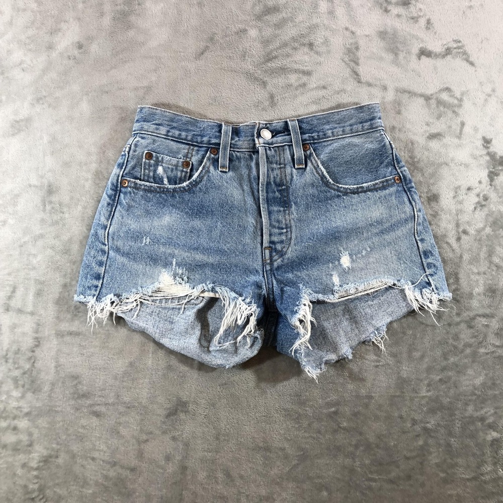 Levis 501 Shorts Womens 25 High Rise Blue Denim Distressed Cutoff Frayed Hem